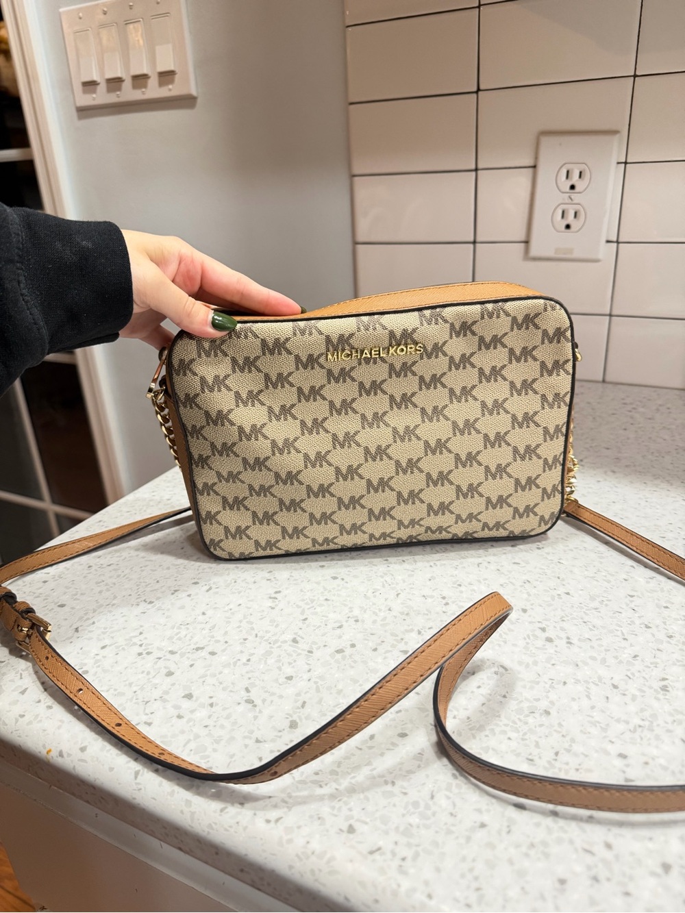 Michael Kors Tan and Beige Signature MK Crossbody Bag